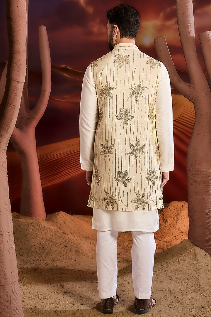 Gold Tissue Floral Embroidered Long Indowestern Jacket by Kasbah Clothing at Pernia's Pop Up Shop