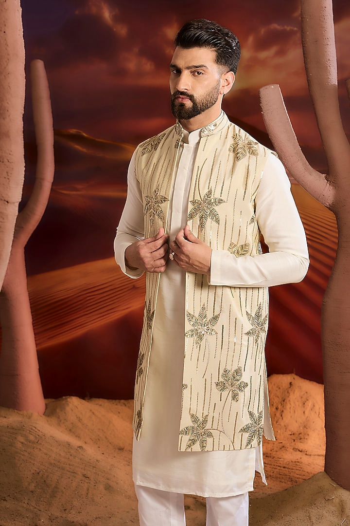 Gold Tissue Floral Embroidered Long Indowestern Jacket by Kasbah Clothing at Pernia's Pop Up Shop