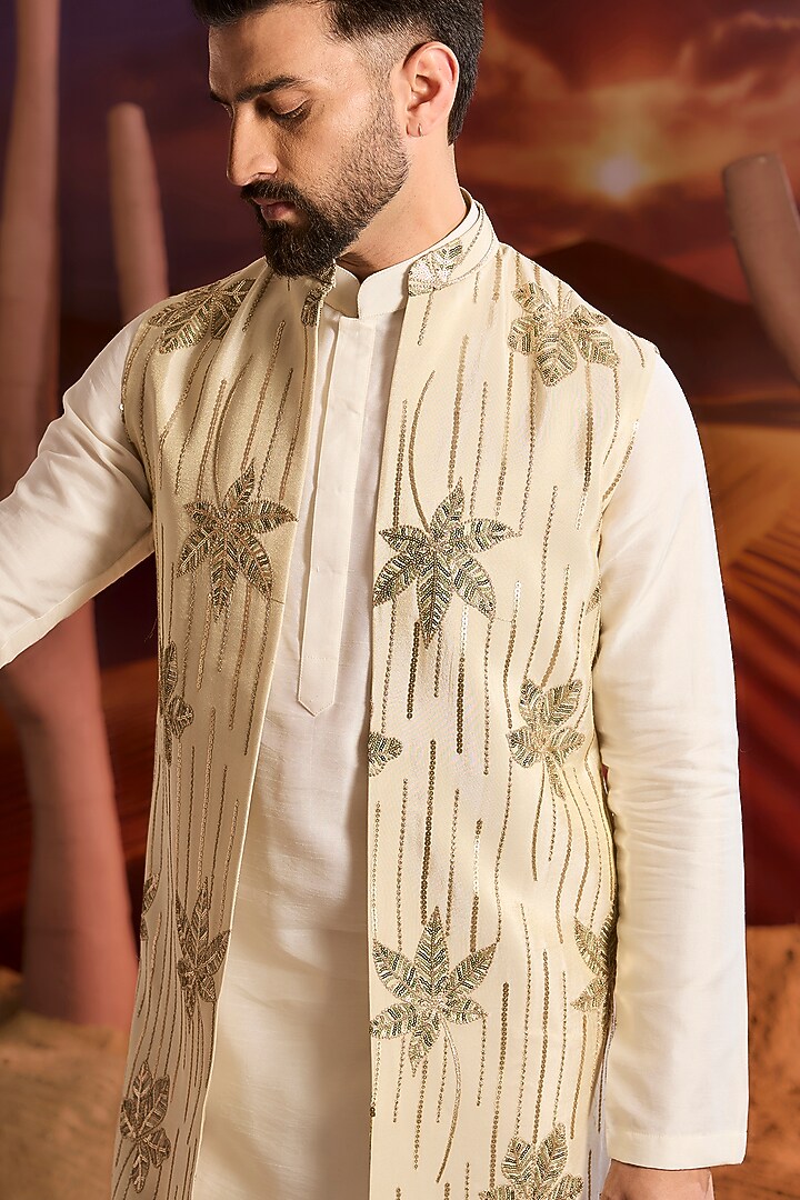 Gold Tissue Floral Embroidered Long Indowestern Jacket by Kasbah Clothing at Pernia's Pop Up Shop