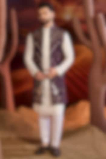 Purple Georgette Patchwork Long Indowestern Jacket by Kasbah Clothing at Pernia's Pop Up Shop