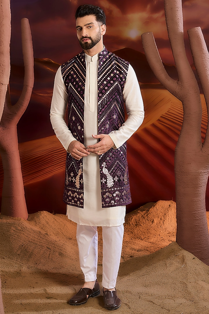 Purple Georgette Patchwork Long Indowestern Jacket by Kasbah Clothing at Pernia's Pop Up Shop