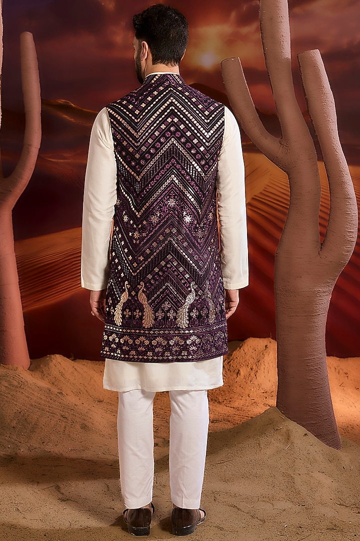 Purple Georgette Patchwork Long Indowestern Jacket by Kasbah Clothing at Pernia's Pop Up Shop