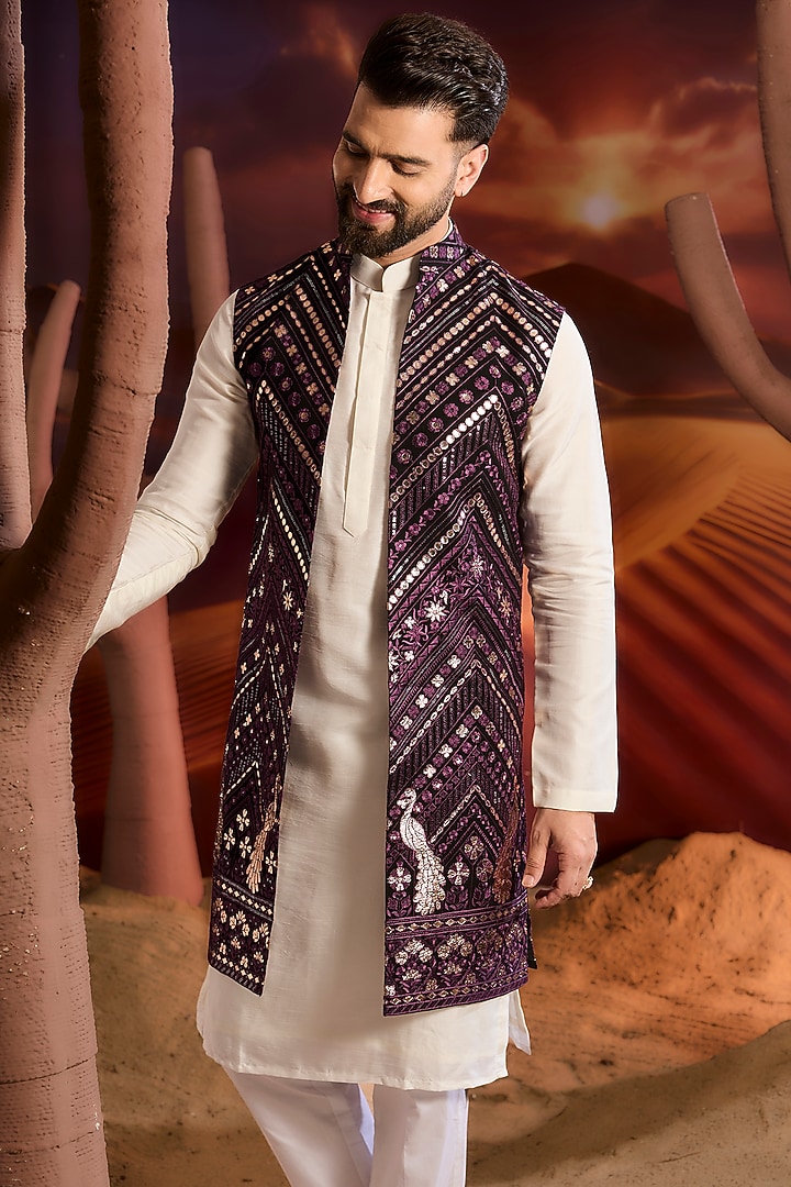 Purple Georgette Patchwork Long Indowestern Jacket by Kasbah Clothing at Pernia's Pop Up Shop