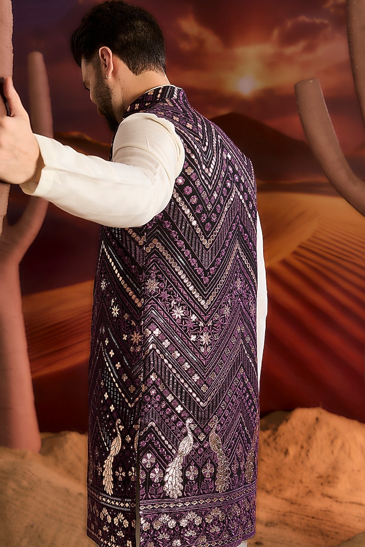 Purple Georgette Patchwork Long Indowestern Jacket by Kasbah Clothing at Pernia's Pop Up Shop