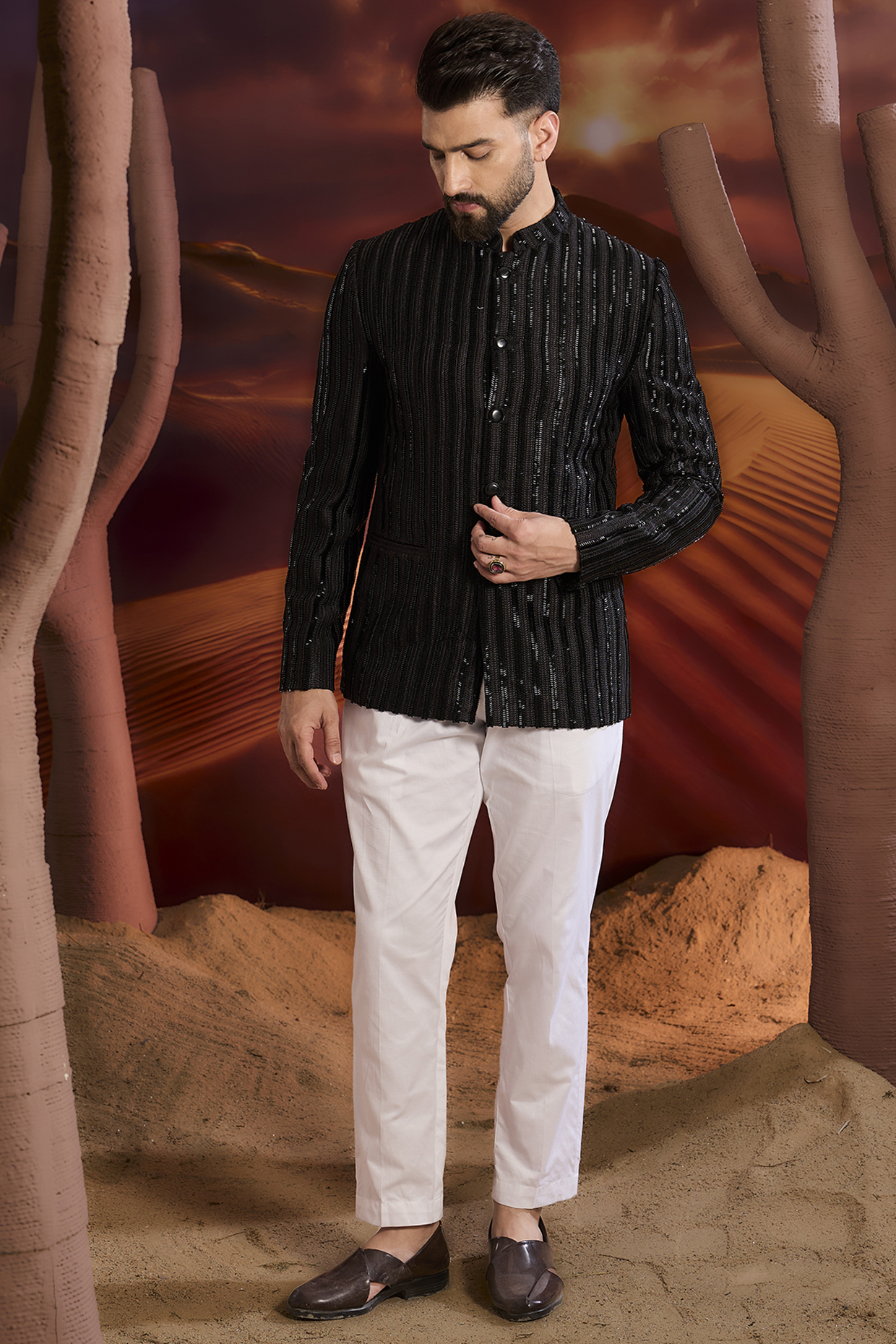 Black Silk Thread Embroidered Bandhgala Jacket by Kasbah Clothing
