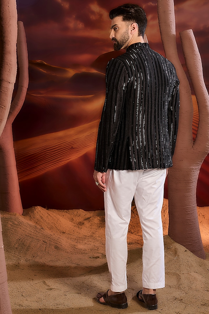 Black Silk Thread Embroidered Wedding Bandhgala Jacket by Kasbah Clothing at Pernia's Pop Up Shop
