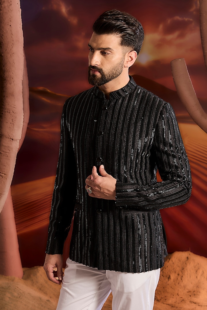 Black Silk Thread Embroidered Wedding Bandhgala Jacket by Kasbah Clothing at Pernia's Pop Up Shop