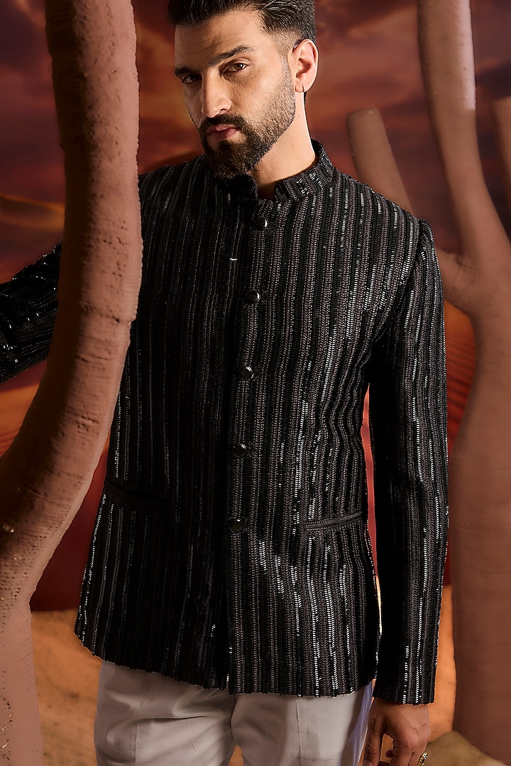 Black Silk Thread Embroidered Wedding Bandhgala Jacket by Kasbah Clothing at Pernia's Pop Up Shop