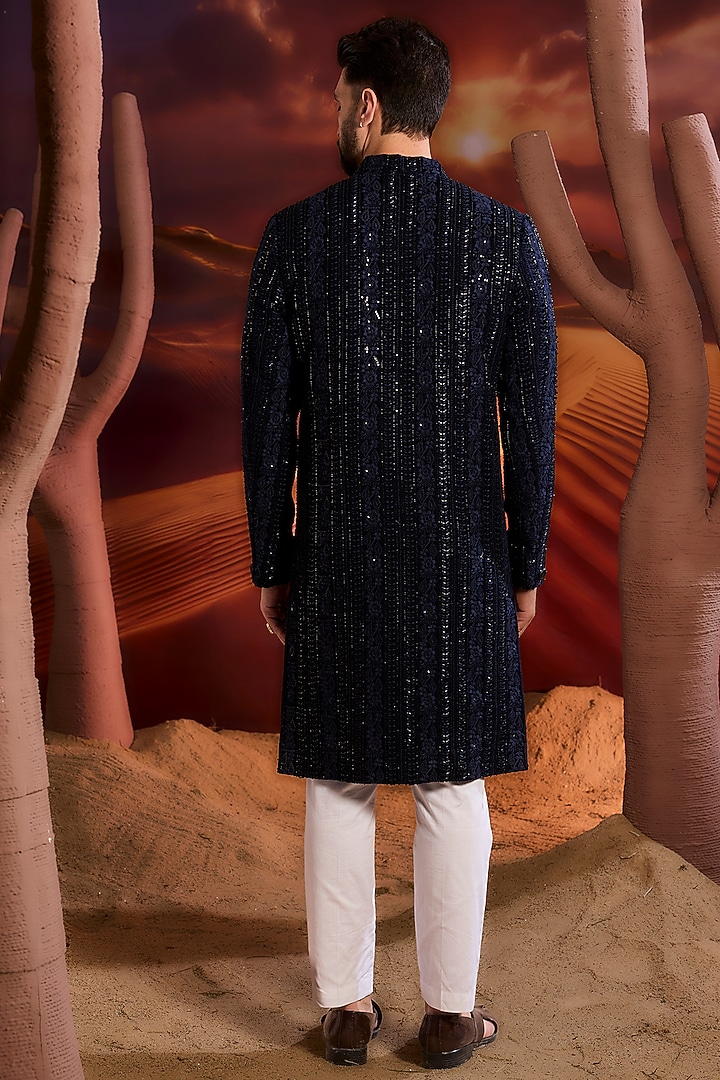 Navy Blue Velvet Cutdana Embroidered Wedding Sherwani by Kasbah Clothing at Pernia's Pop Up Shop