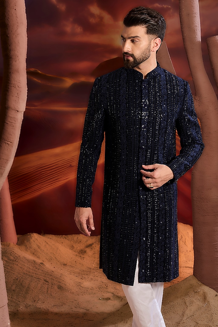 Navy Blue Velvet Cutdana Embroidered Wedding Sherwani by Kasbah Clothing at Pernia's Pop Up Shop