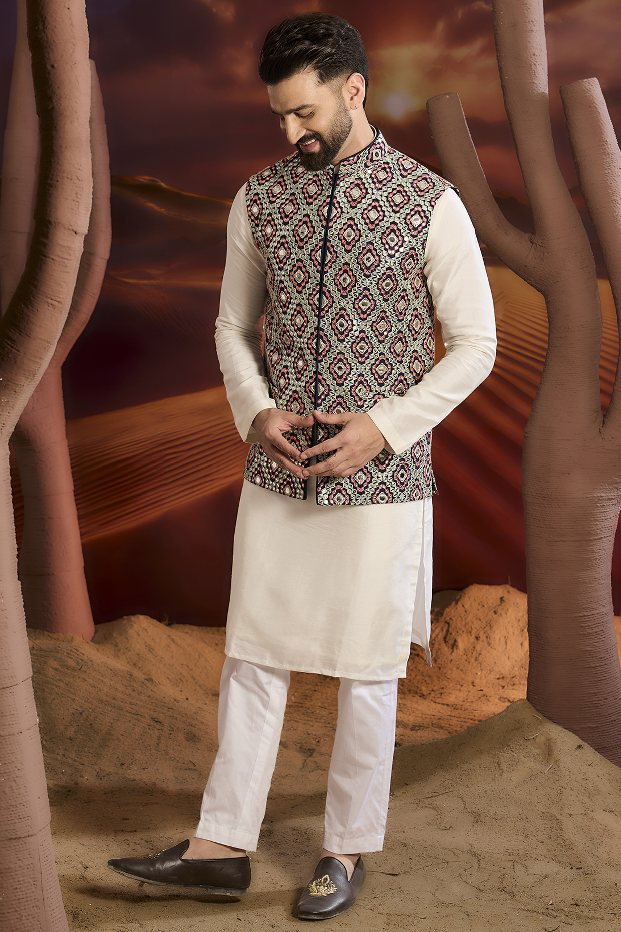 Navy Blue Silk Thread Work Nehru Jacket by Kasbah Clothing