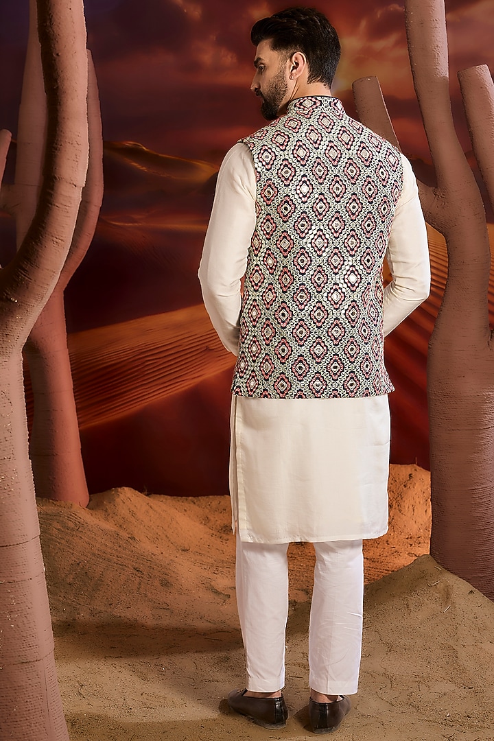 Navy Blue Silk Thread Work Nehru Jacket by Kasbah Clothing at Pernia's Pop Up Shop