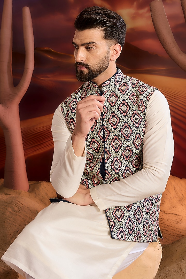 Navy Blue Silk Thread Work Nehru Jacket by Kasbah Clothing at Pernia's Pop Up Shop