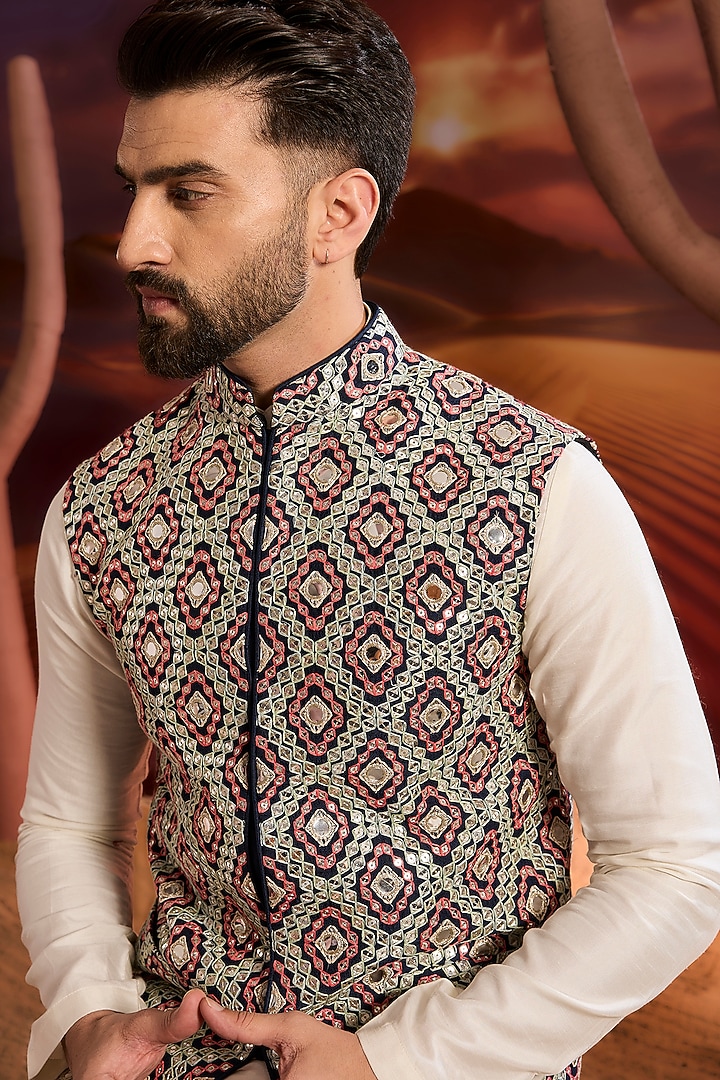 Navy Blue Silk Thread Work Nehru Jacket by Kasbah Clothing at Pernia's Pop Up Shop