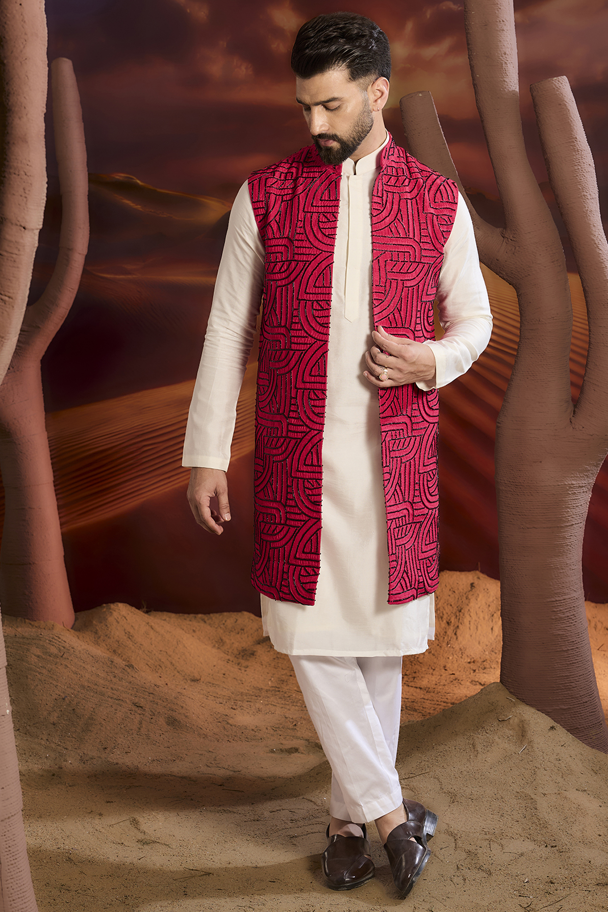 Hot Pink Silk Geometric Embroidered Long Indowestern Jacket by Kasbah Clothing