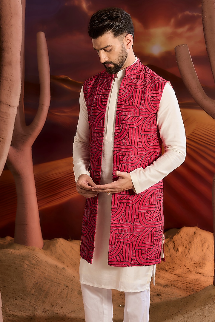 Hot Pink Silk Geometric Embroidered Long Wedding Indowestern Jacket by Kasbah Clothing at Pernia's Pop Up Shop