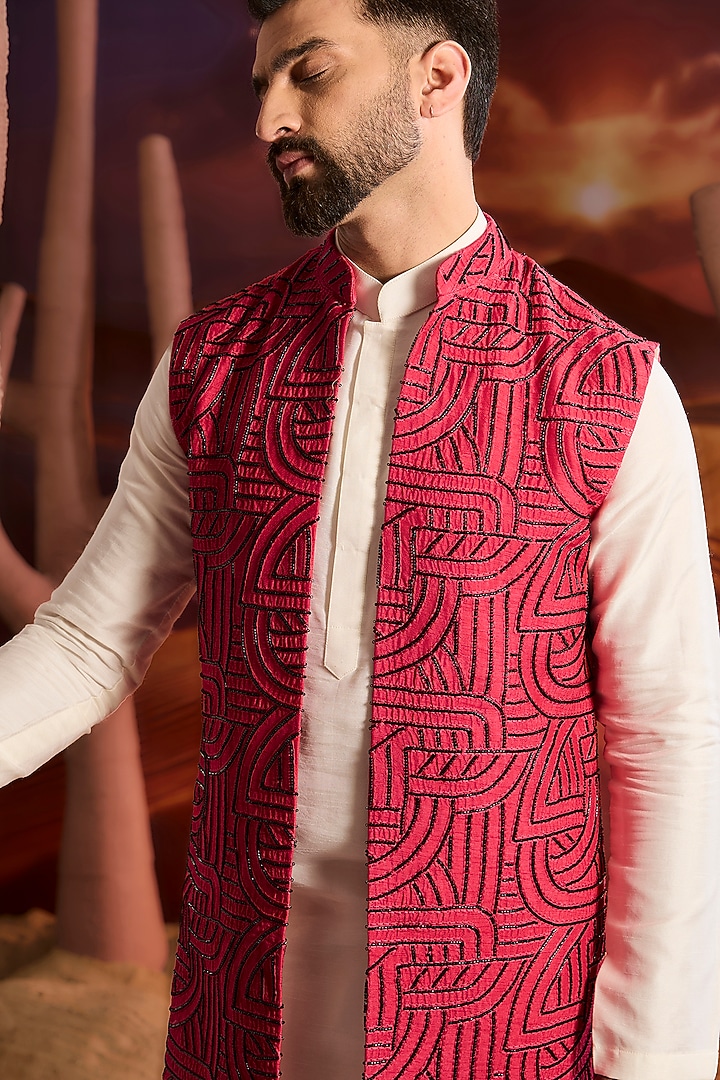 Hot Pink Silk Geometric Embroidered Long Wedding Indowestern Jacket by Kasbah Clothing at Pernia's Pop Up Shop