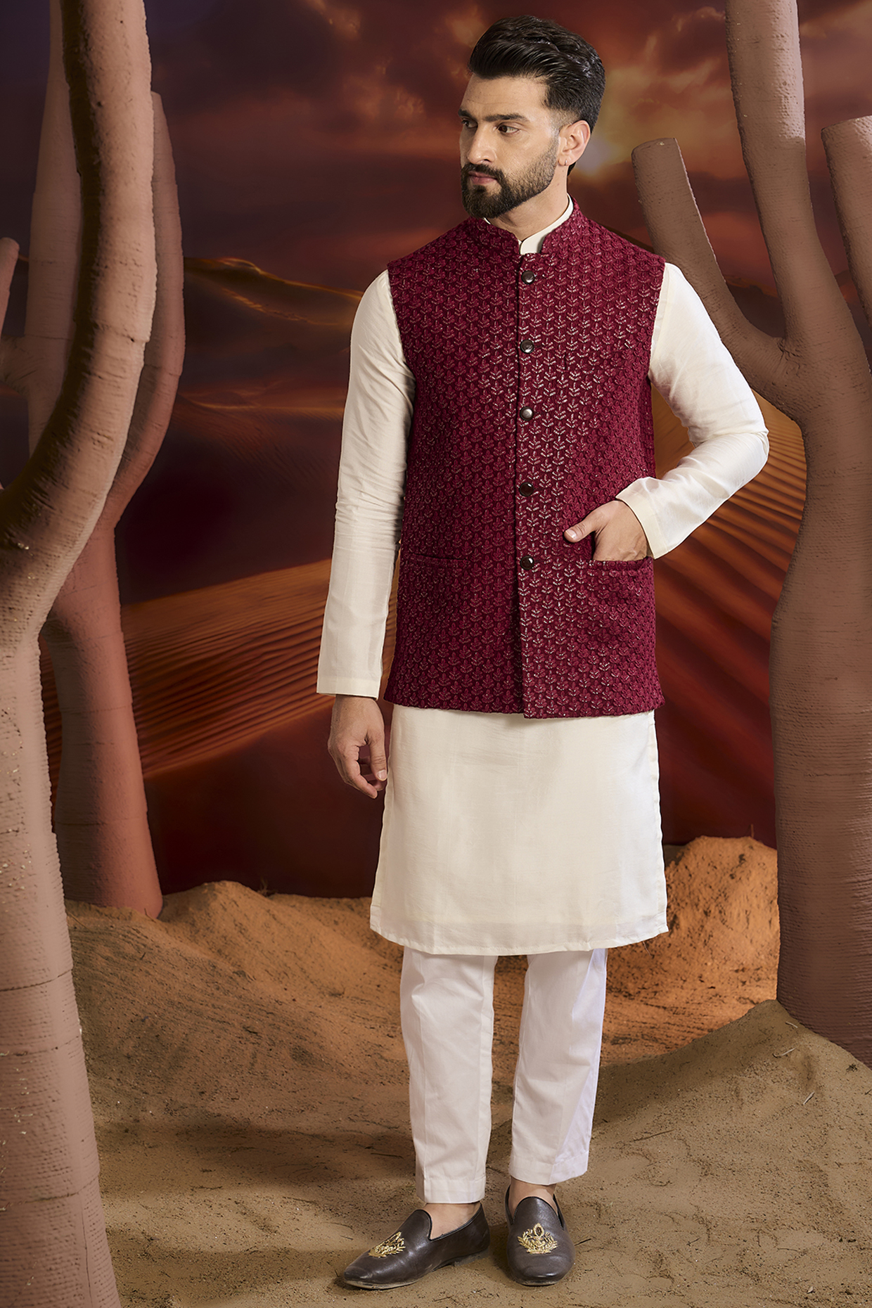 Maroon Silk Thread Work Chikankari Nehru Jacket by Kasbah Clothing