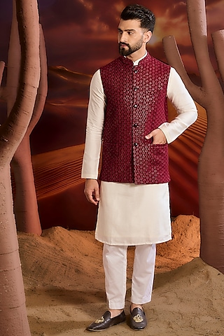 Maroon Silk Thread Work Chikankari Nehru Jacket by Kasbah Clothing