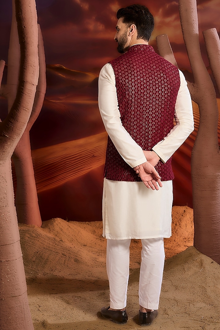Maroon Silk Thread Work Chikankari Nehru Jacket by Kasbah Clothing at Pernia's Pop Up Shop