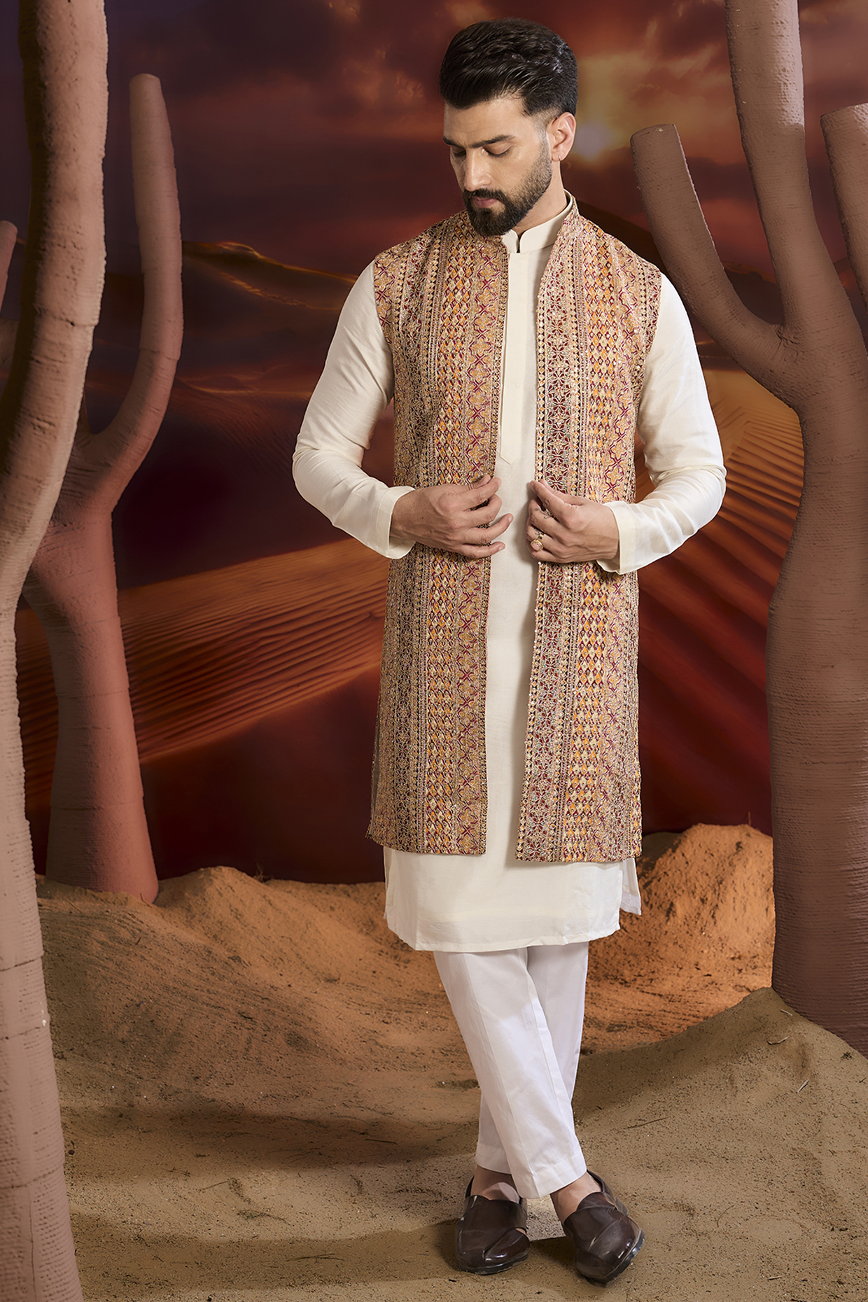 Multi-Colored Georgette Zari Embroidered Long Indowestern Jacket by Kasbah Clothing