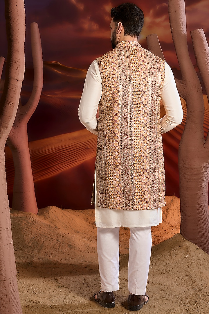 Multi-Colored Georgette Zari Embroidered Long Indowestern Jacket by Kasbah Clothing at Pernia's Pop Up Shop