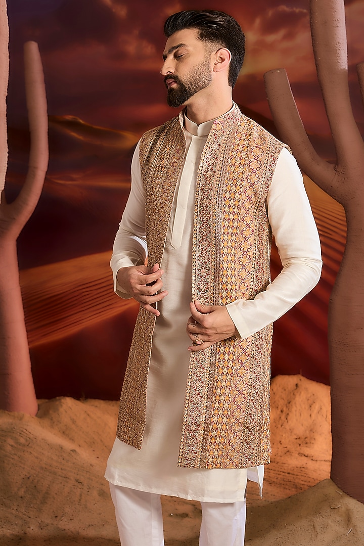 Multi-Colored Georgette Zari Embroidered Long Indowestern Jacket by Kasbah Clothing at Pernia's Pop Up Shop