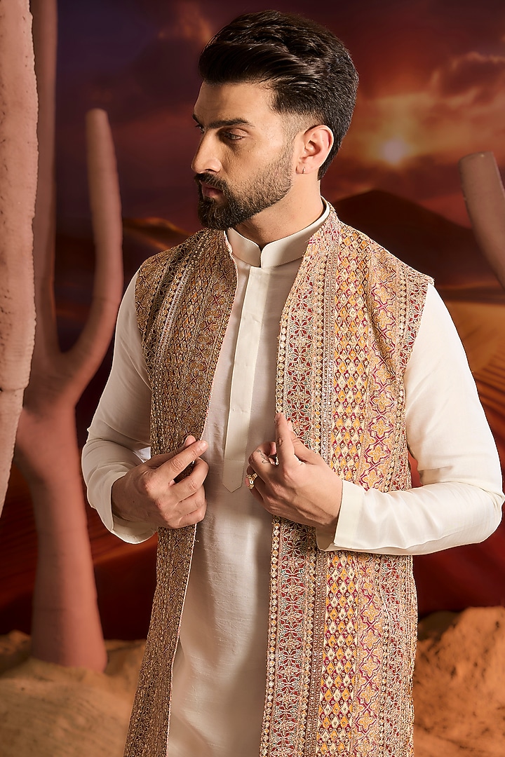 Multi-Colored Georgette Zari Embroidered Long Indowestern Jacket by Kasbah Clothing at Pernia's Pop Up Shop