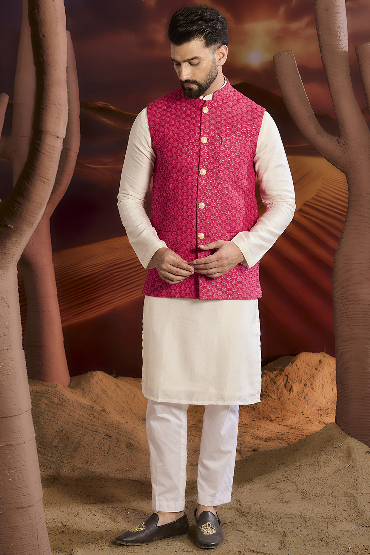 Hot Pink Silk Thread Work Chikankari Nehru Jacket by Kasbah Clothing