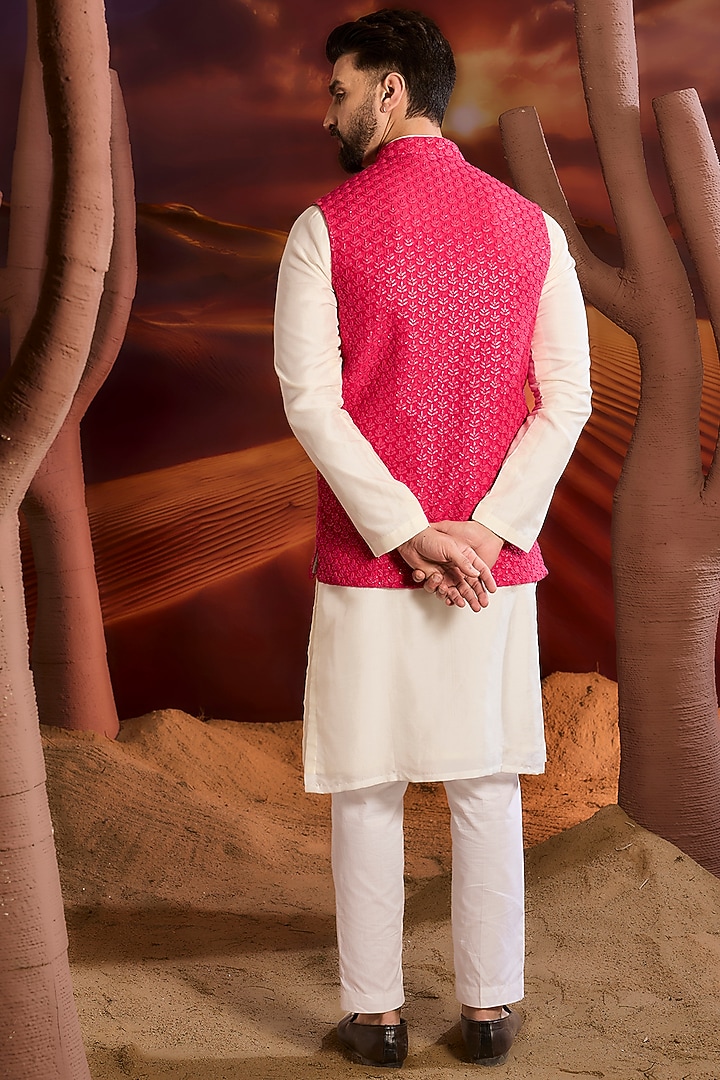 Hot Pink Silk Thread Work Chikankari Nehru Jacket by Kasbah Clothing at Pernia's Pop Up Shop