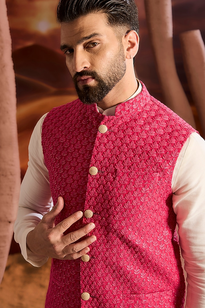 Hot Pink Silk Thread Work Chikankari Nehru Jacket by Kasbah Clothing at Pernia's Pop Up Shop