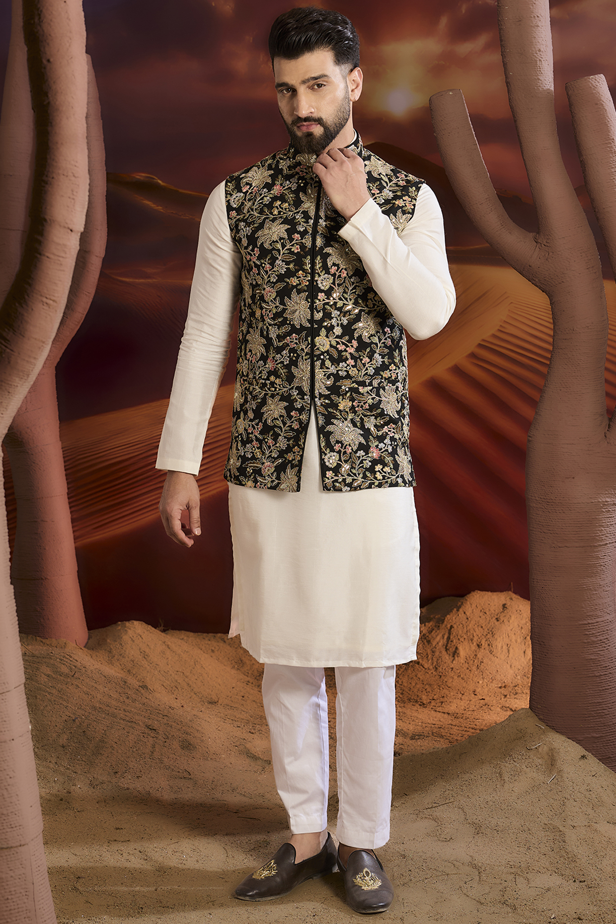 Black Georgette Floral Zari Embroidered Sequins Nehru Jacket by Kasbah Clothing