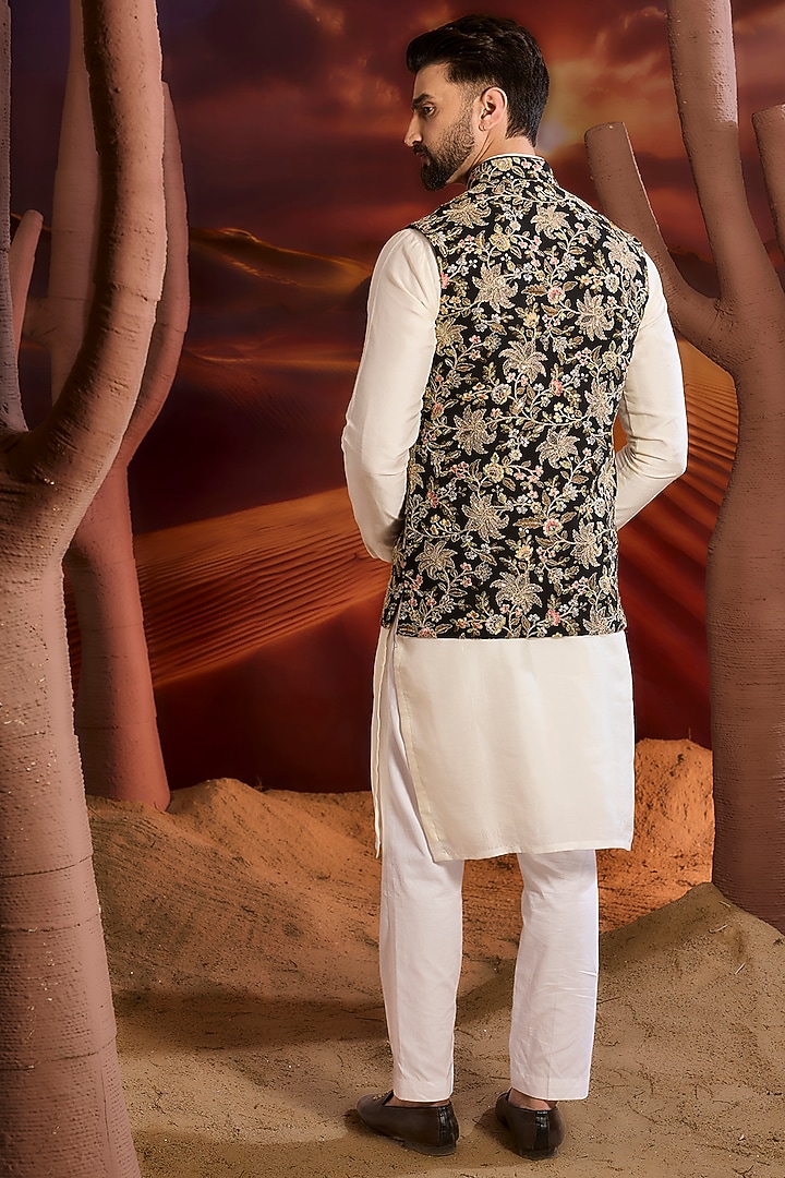 Black Georgette Floral Zari Embroidered Sequins Nehru Jacket by Kasbah Clothing at Pernia's Pop Up Shop