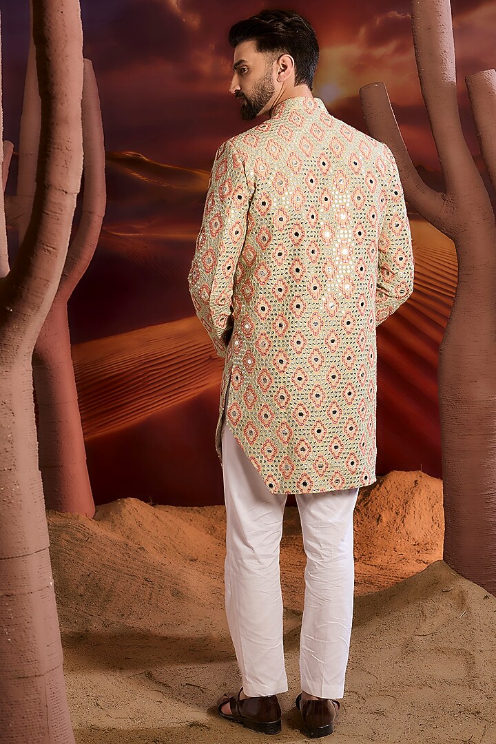 Cream Silk Mirror Embroidered Wedding Sherwani by Kasbah Clothing at Pernia's Pop Up Shop