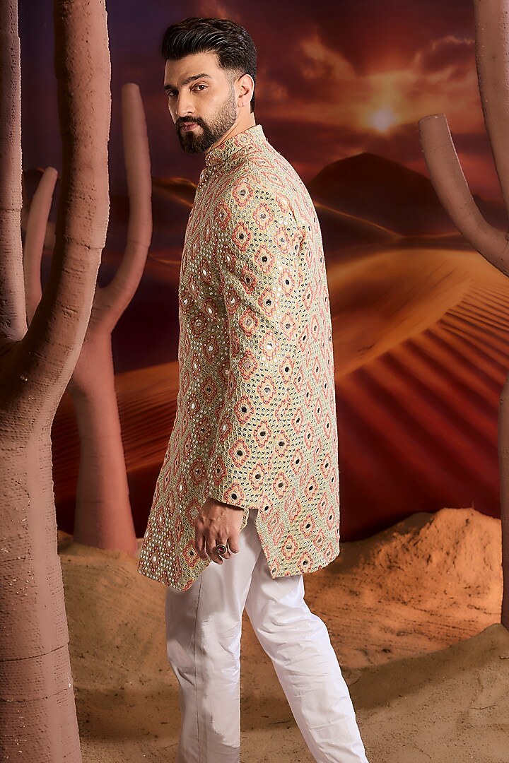 Cream Silk Mirror Embroidered Wedding Sherwani by Kasbah Clothing at Pernia's Pop Up Shop