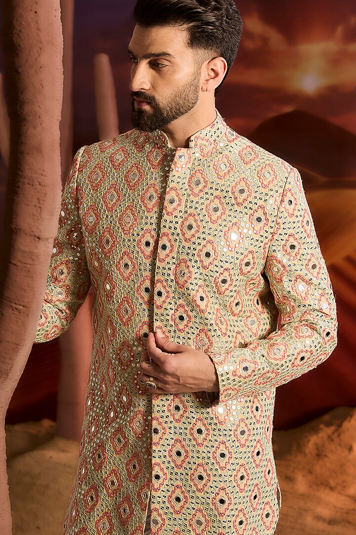 Cream Silk Mirror Embroidered Wedding Sherwani by Kasbah Clothing at Pernia's Pop Up Shop