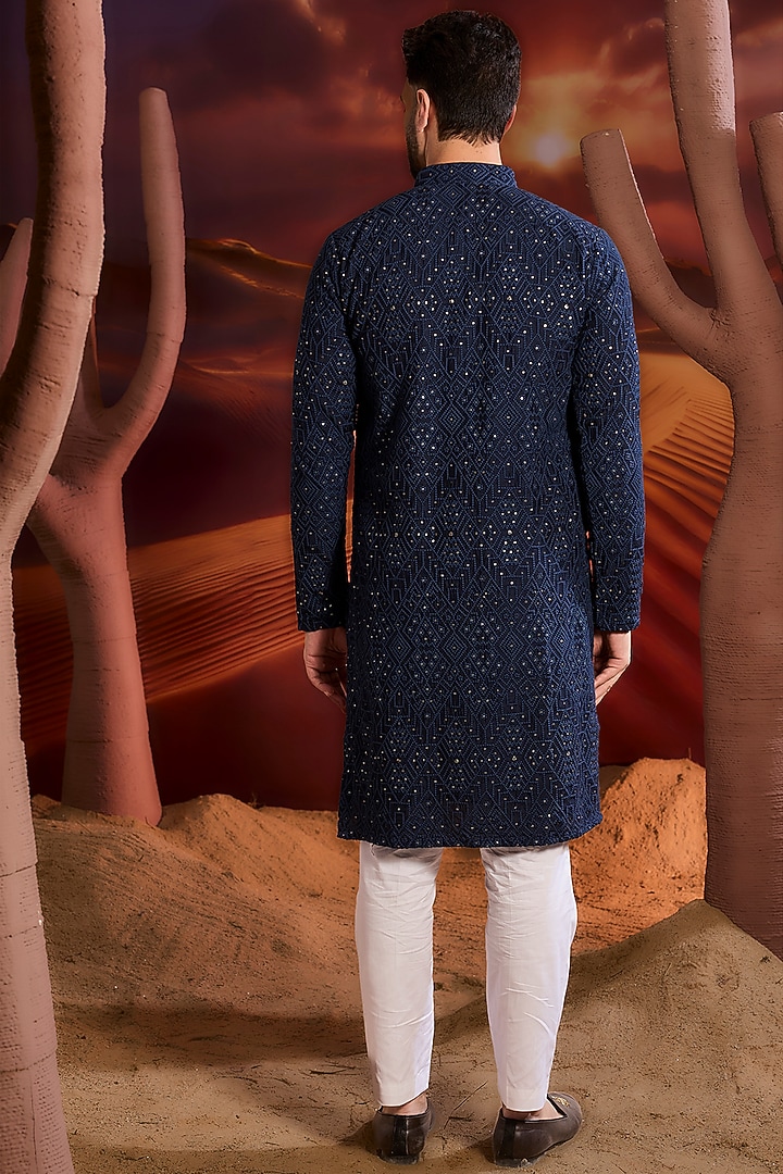 Navy Silk Sequins Embroidered Chikankari Kurta by Kasbah Clothing at Pernia's Pop Up Shop