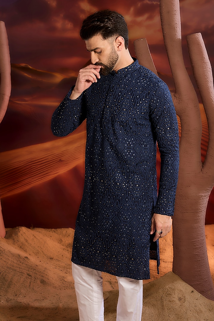 Navy Silk Sequins Embroidered Chikankari Kurta by Kasbah Clothing at Pernia's Pop Up Shop