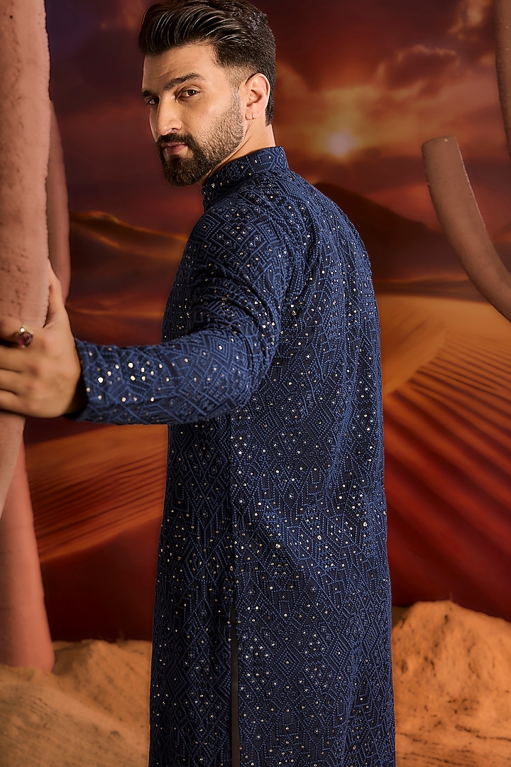 Navy Silk Sequins Embroidered Chikankari Kurta by Kasbah Clothing at Pernia's Pop Up Shop
