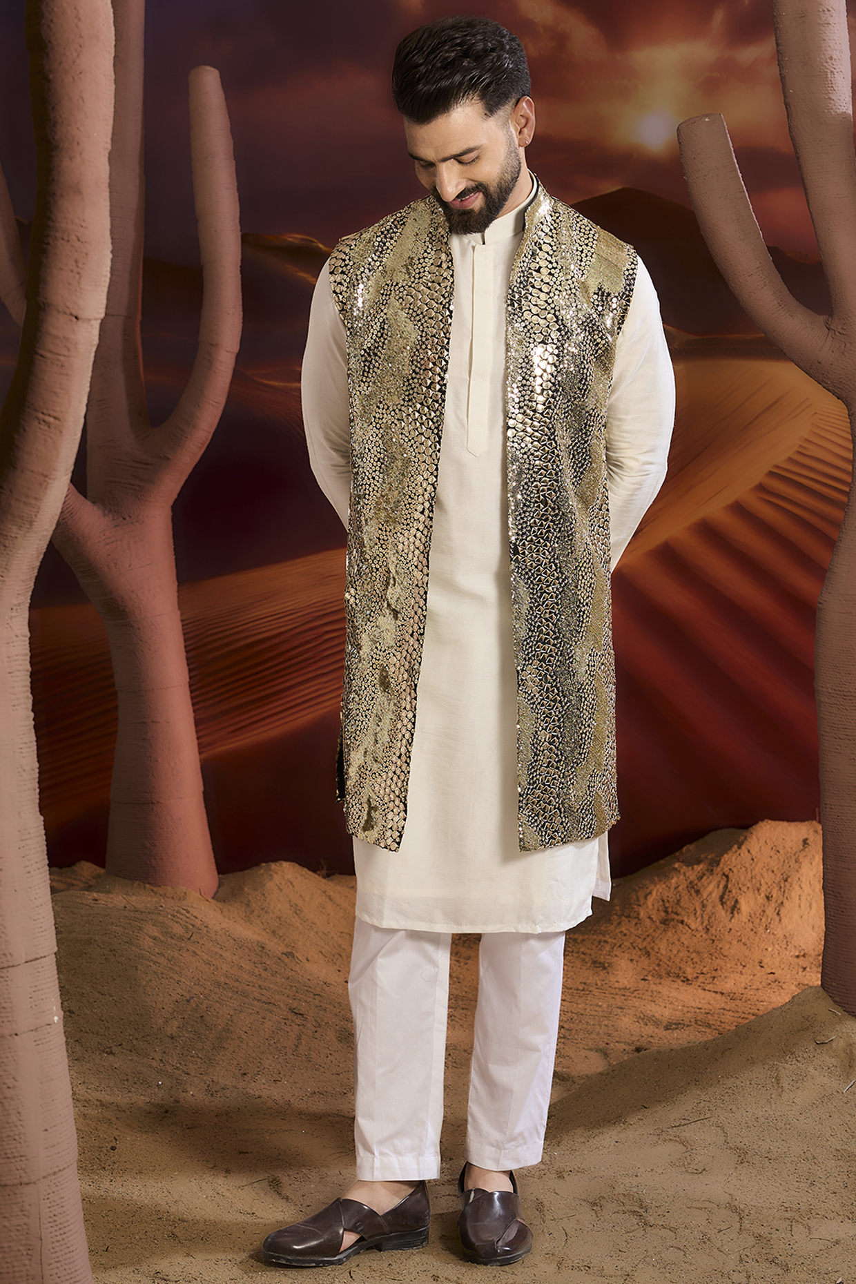 Black Georgette Sequins Long Indowestern Jacket by Kasbah Clothing
