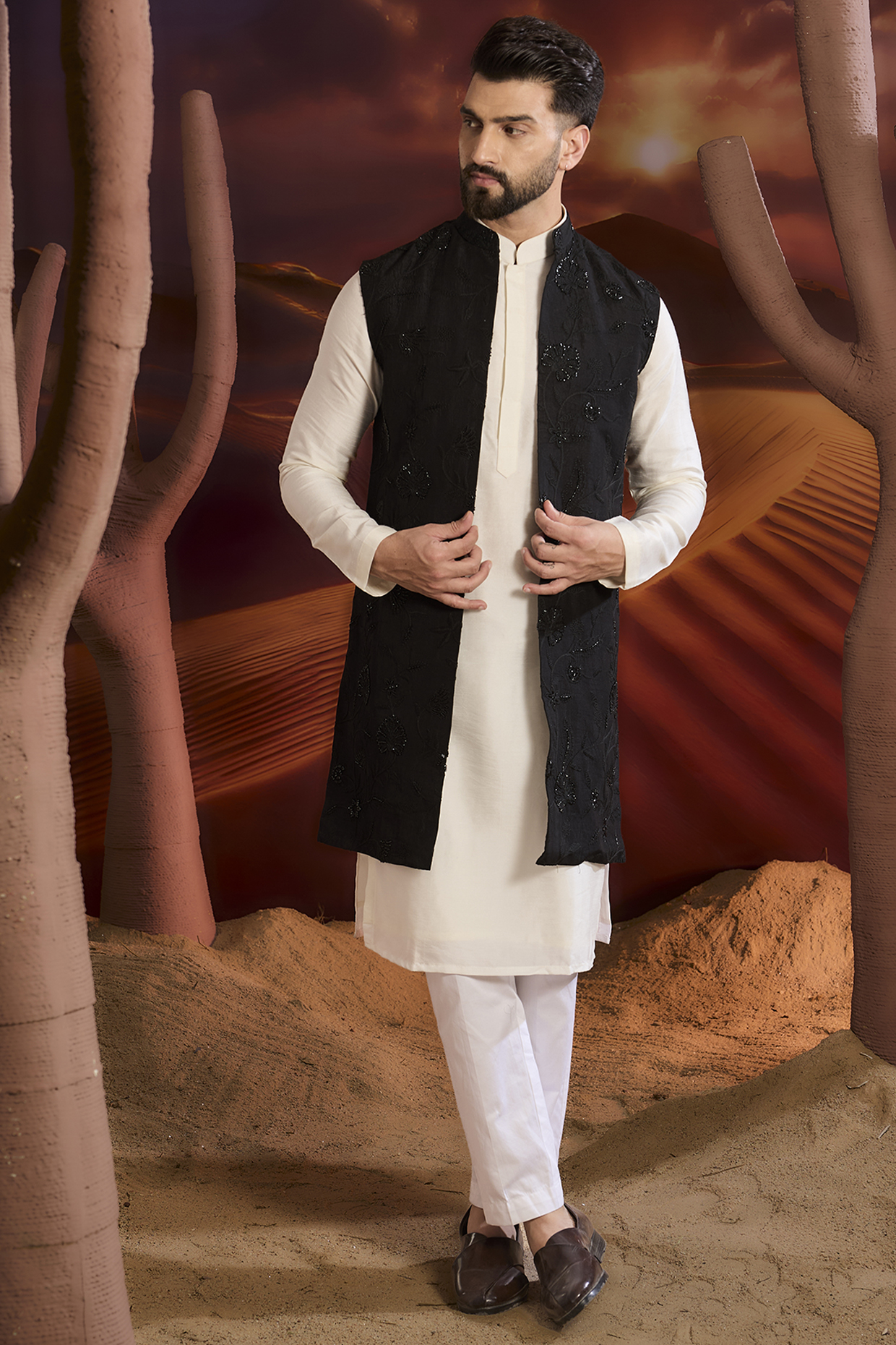 Black Silk Cutdana Embroidered Floral Long Indowestern Jacket by Kasbah Clothing