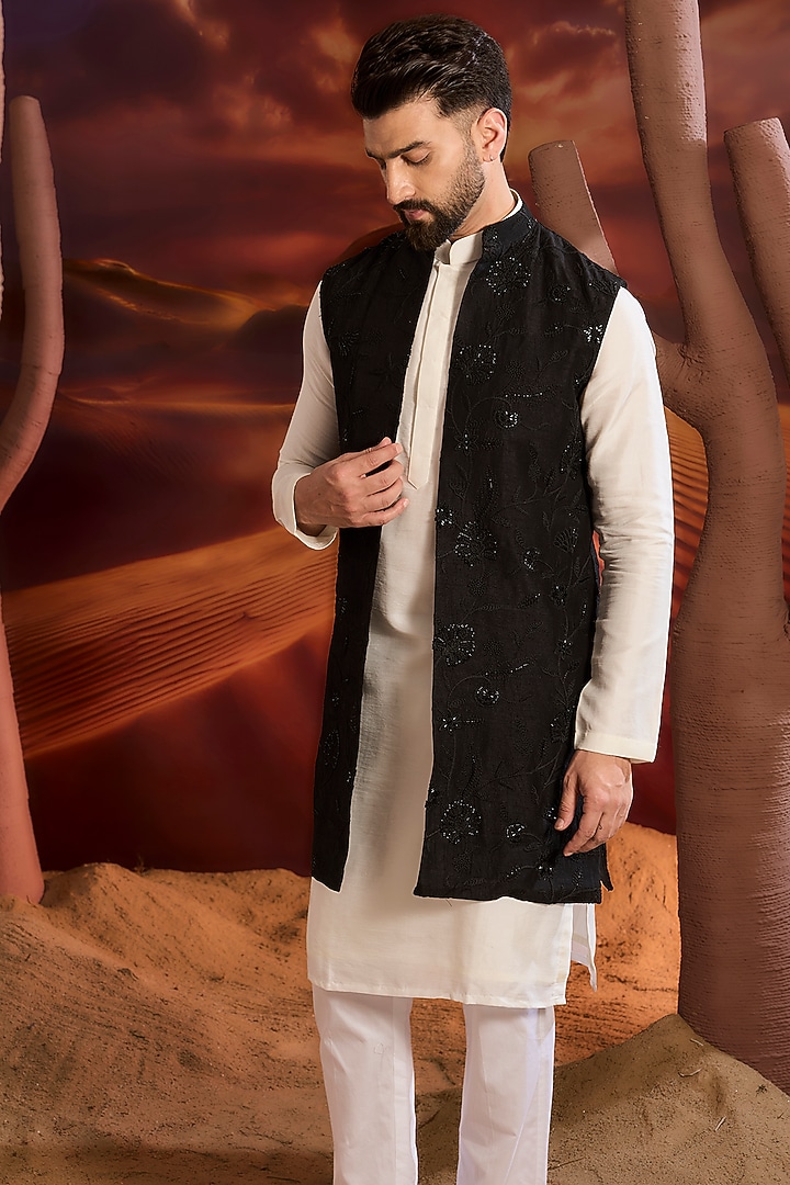 Black Silk Cutdana Embroidered Floral Long Indowestern Jacket by Kasbah Clothing at Pernia's Pop Up Shop