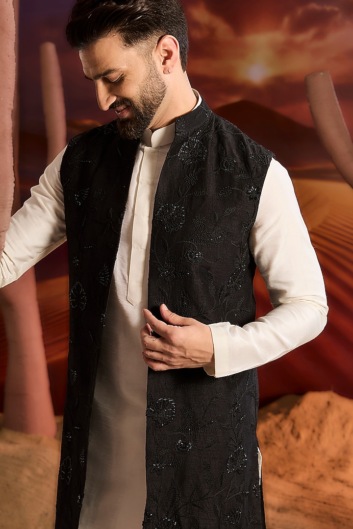 Black Silk Cutdana Embroidered Floral Long Indowestern Jacket by Kasbah Clothing at Pernia's Pop Up Shop