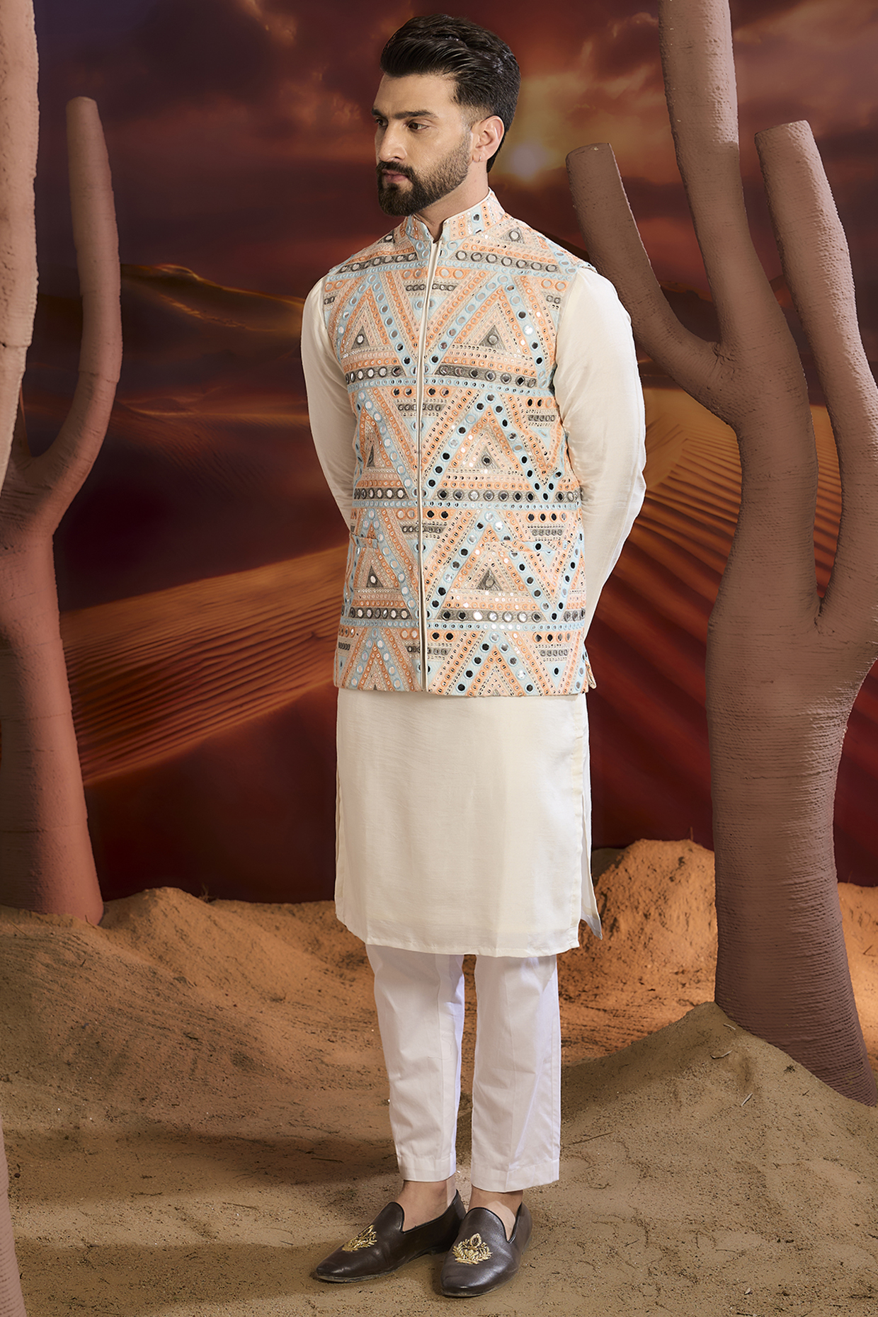 Multi-Colored Georgette Mirror Embroidered Nehru Jacket by Kasbah Clothing