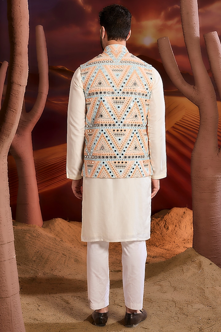 Multi-Colored Georgette Mirror Embroidered Nehru Jacket by Kasbah Clothing at Pernia's Pop Up Shop