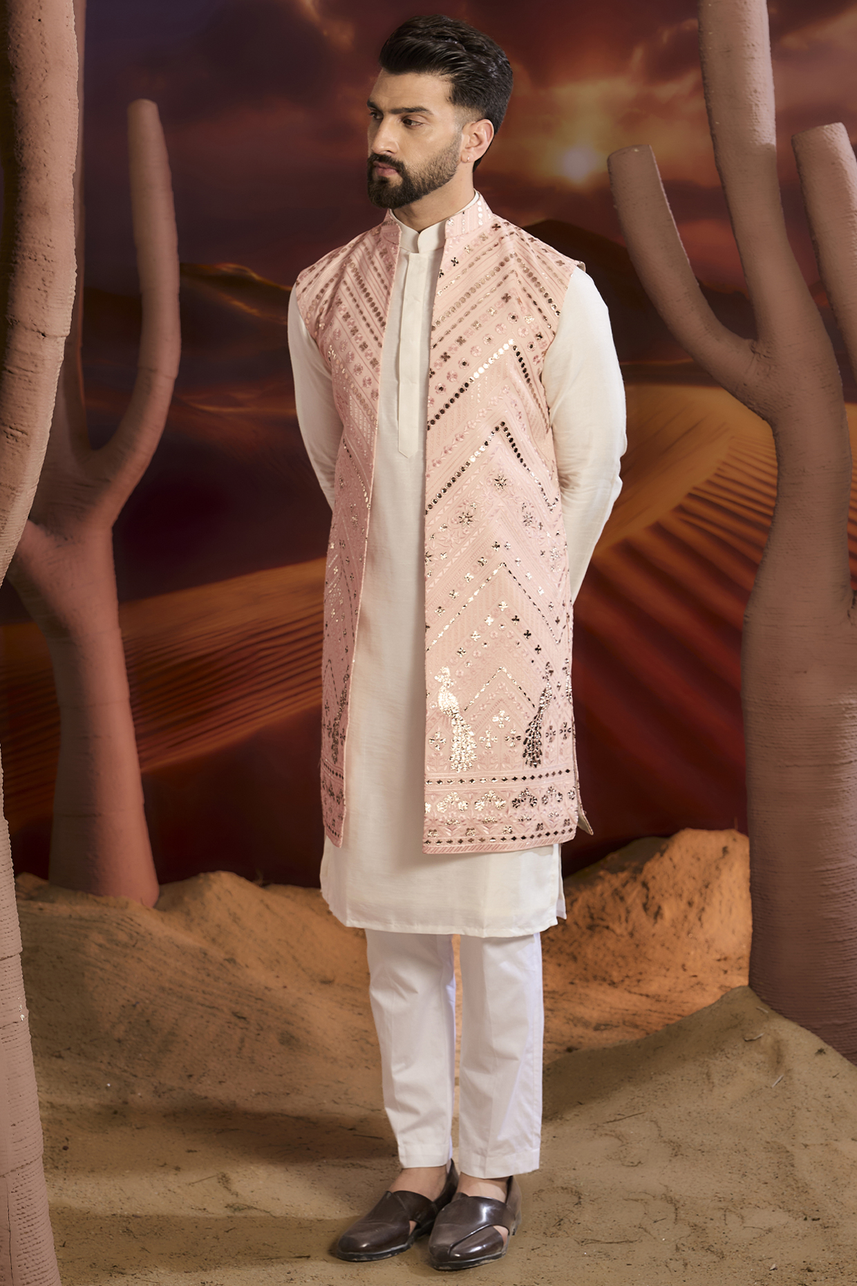 Light Pink Georgette Sequins Embellished Long Indowestern Jacket by Kasbah Clothing