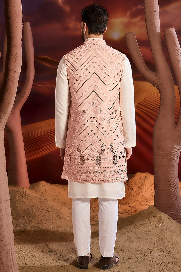 Light Pink Georgette Sequins Embellished Long Indowestern Jacket by Kasbah Clothing at Pernia's Pop Up Shop