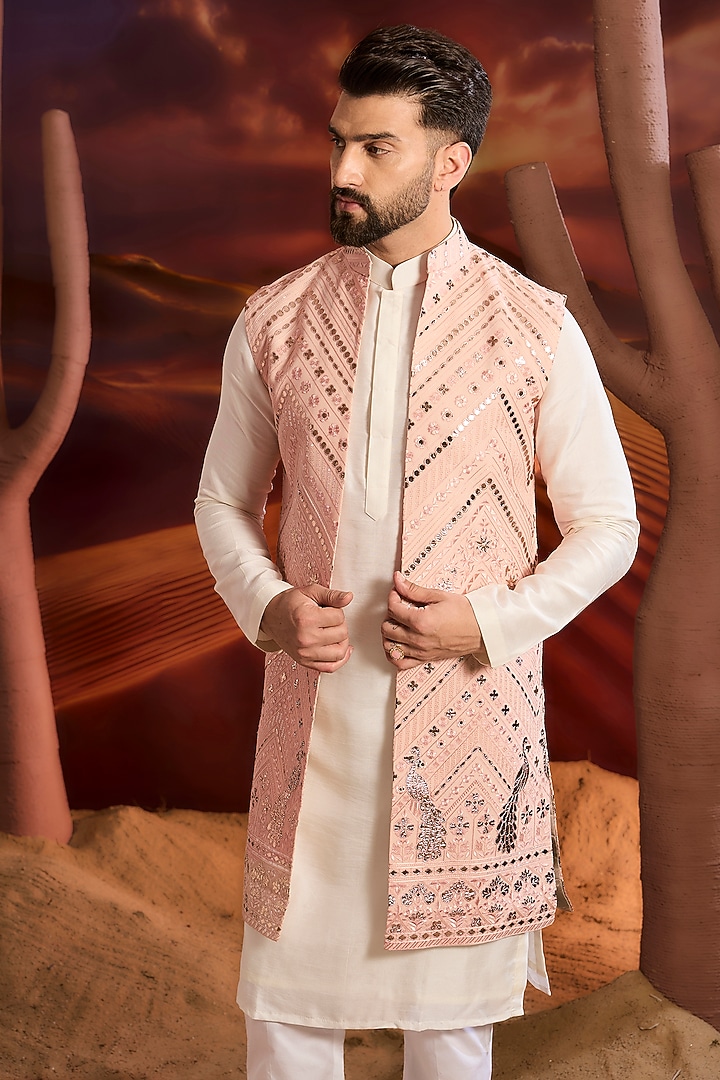 Light Pink Georgette Sequins Embellished Long Indowestern Jacket by Kasbah Clothing at Pernia's Pop Up Shop