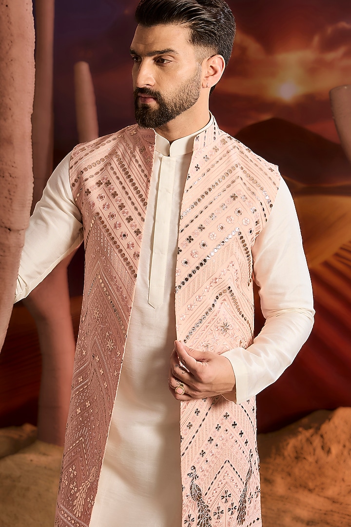 Light Pink Georgette Sequins Embellished Long Indowestern Jacket by Kasbah Clothing at Pernia's Pop Up Shop