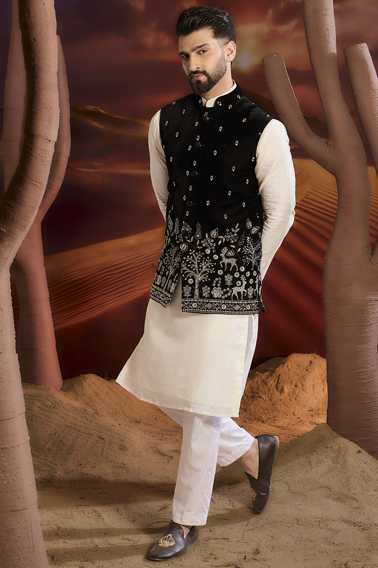 Black Velvet Cutdana Hand Embroidered Nehru Jacket by Kasbah Clothing